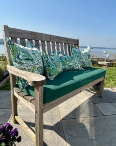 Outside bench with Audrey Johns cushions, cushion makers, - interior designer south wales